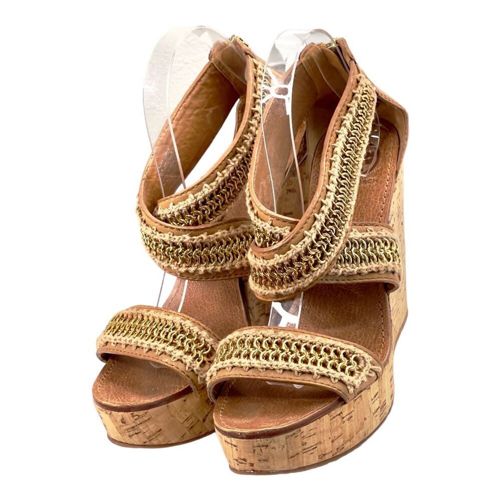 Tory Burch Women's Wedge Sandals Tan Lucian Chain Crochet-Trimmed Size 10M